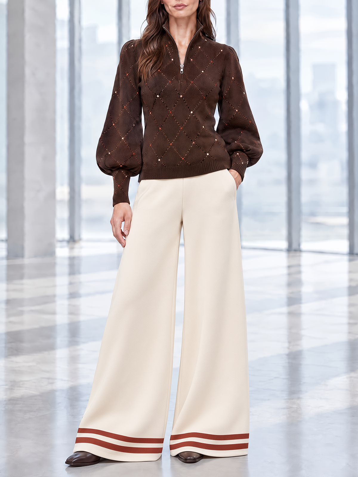 Brown Argyle Half-Zip Knit Top And Wide-Leg Pants Set