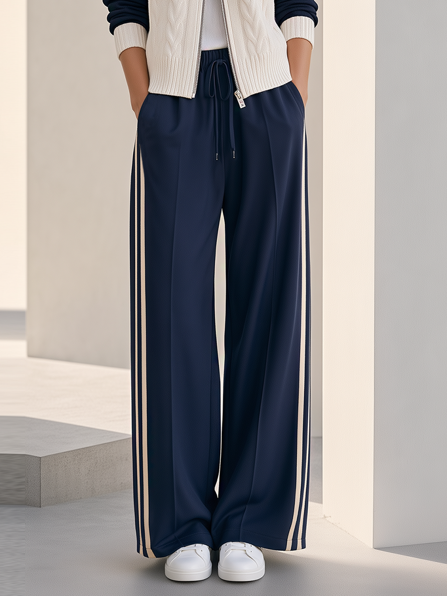 Stylish Casual Navy Wide-Leg Pants With Side Stripes