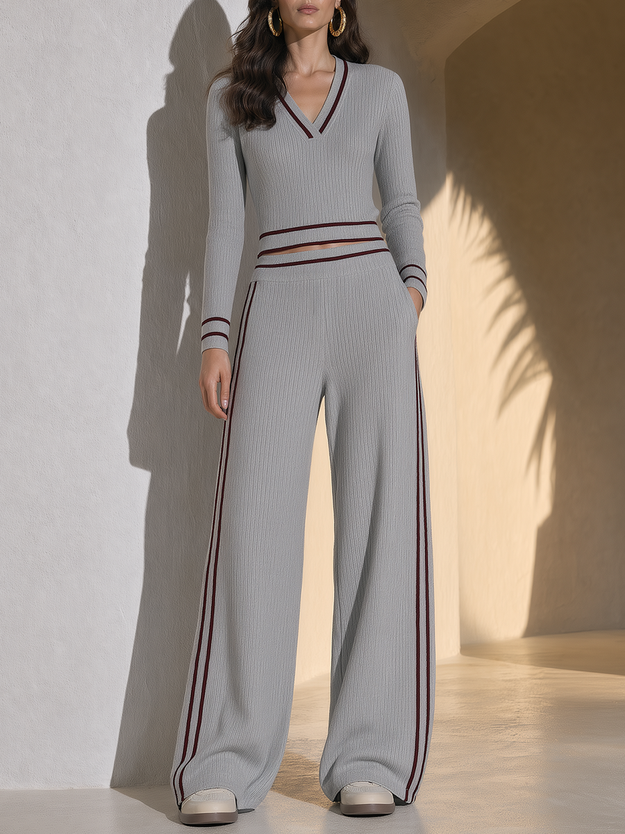 Grey Ribbed Knit V-neck Top With Burgundy Trim And Wide-leg Trousers Set