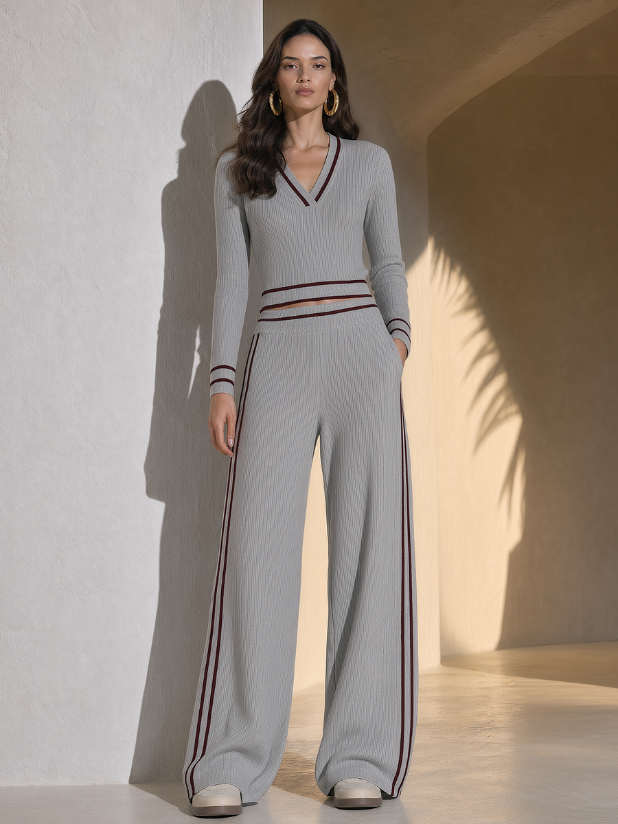 Grey Ribbed Knit V-neck Top With Burgundy Trim And Wide-leg Trousers Set