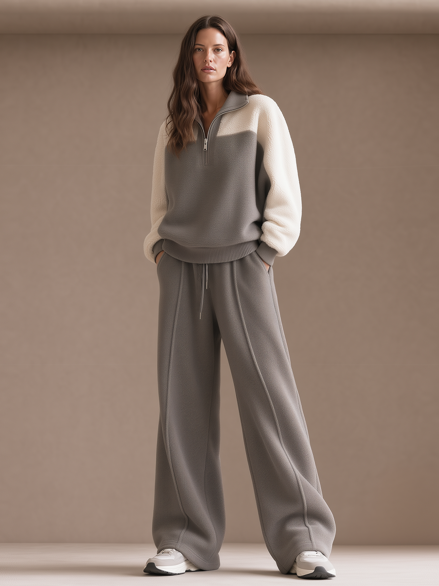 Grey Color-block Half-zip Fleece Top And Wide-leg Trousers Set