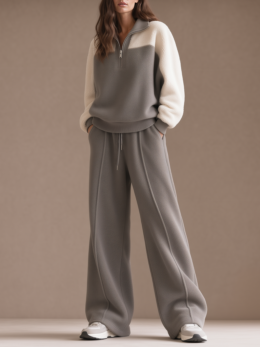 Grey Color-block Half-zip Fleece Top And Wide-leg Trousers Set