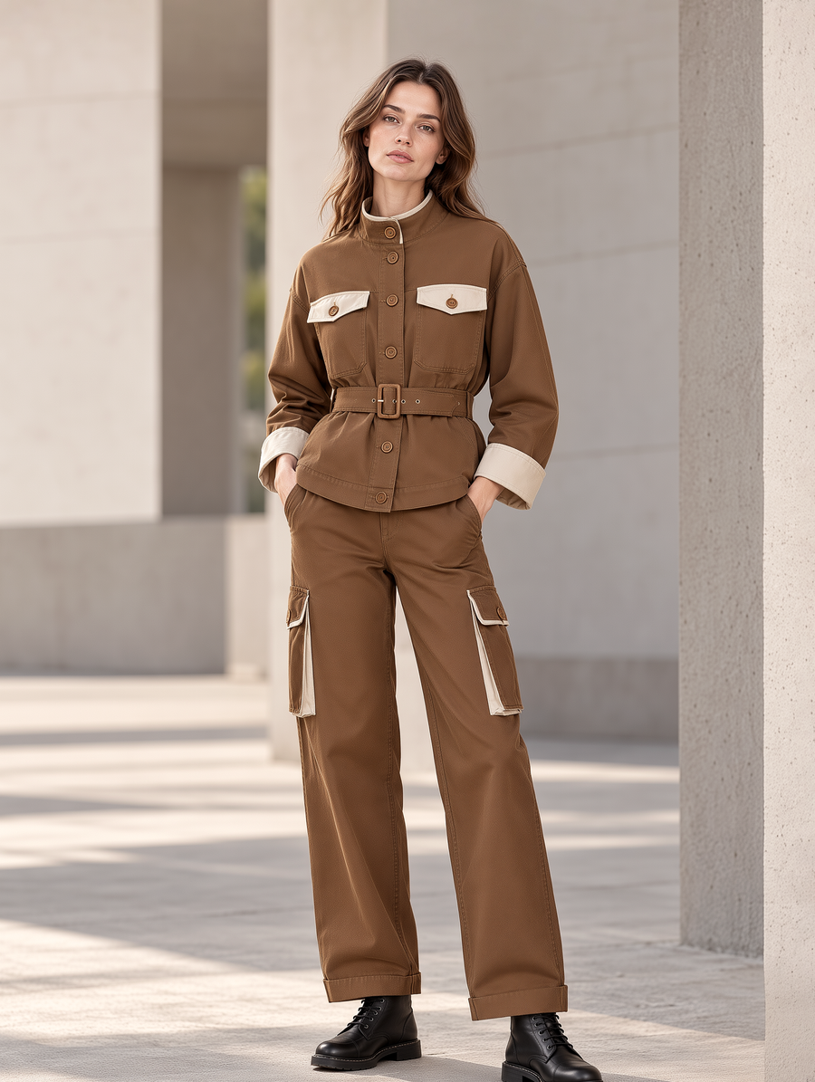 Brown Stand-collar Waist-cinching Utility Jacket And Trousers Set