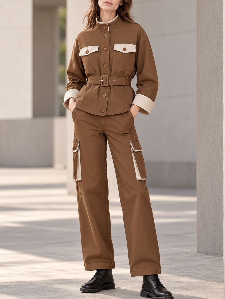 Brown Stand-collar Waist-cinching Utility Jacket And Trousers Set