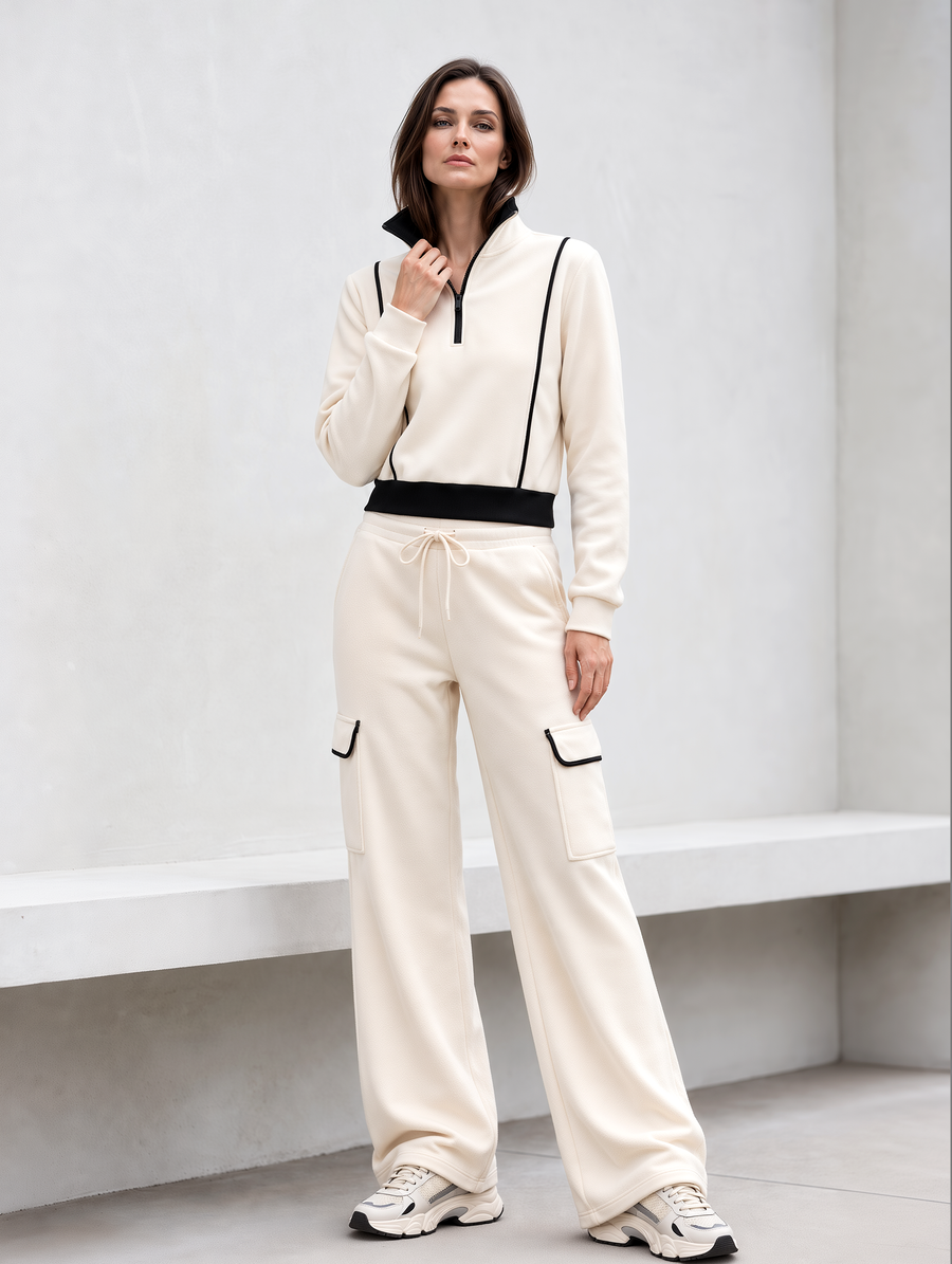 Off-white Half-zip Sweatshirt And Wide-leg Cargo Sweatpants Set