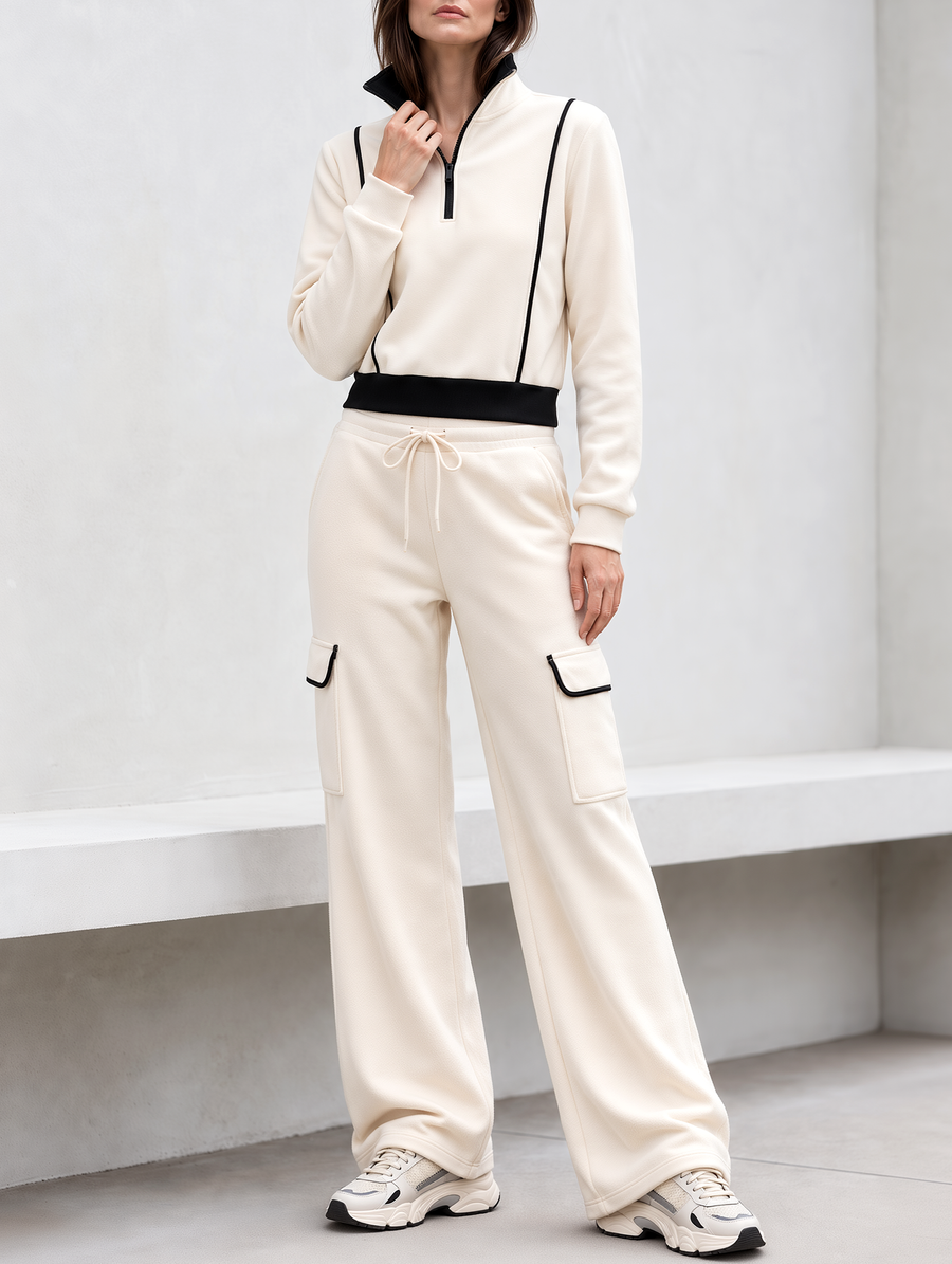 Off-white Half-zip Sweatshirt And Wide-leg Cargo Sweatpants Set