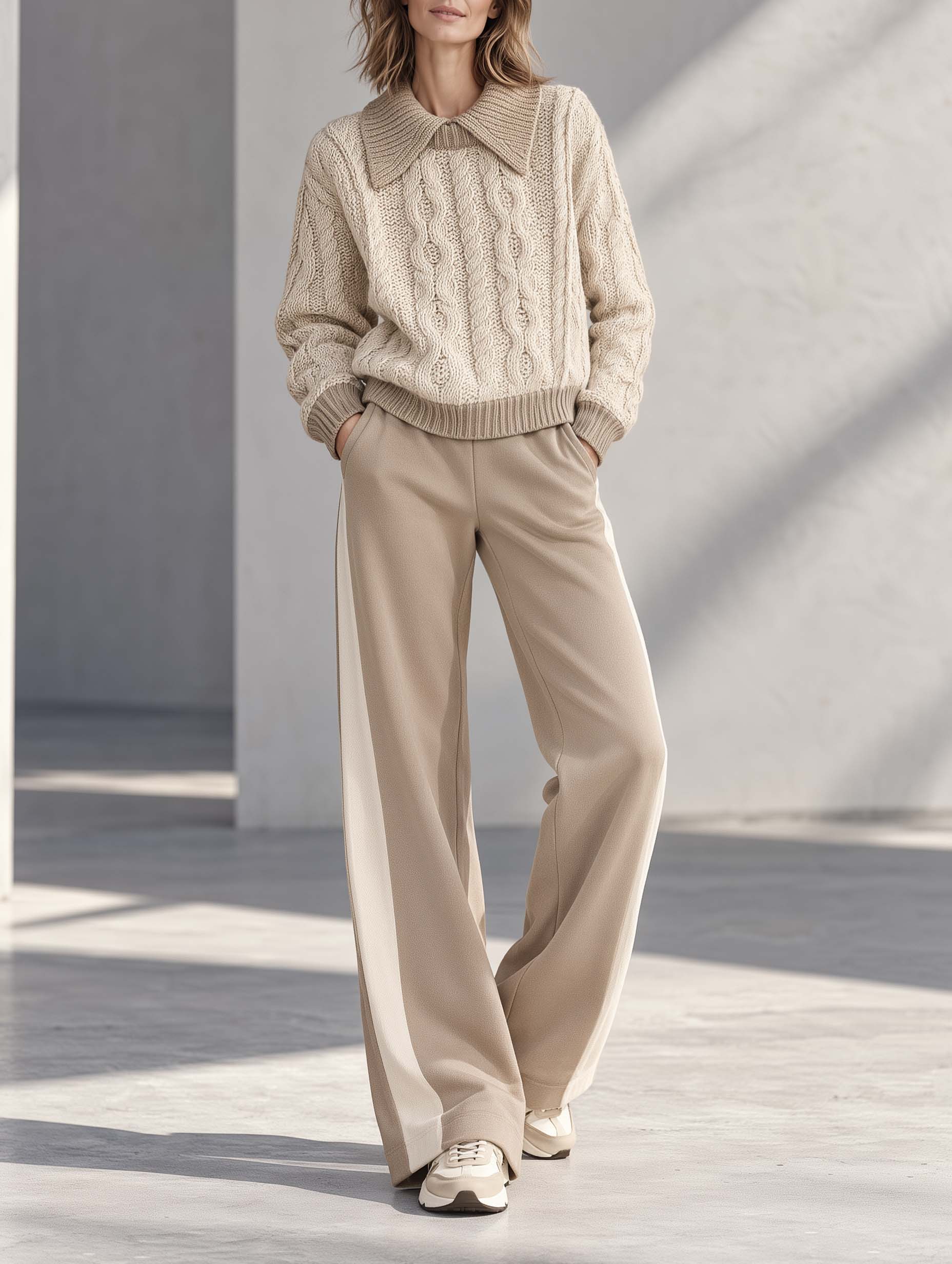 Stylish And Casual Beige Color-block Long-sleeve Collared Sweater And Trousers Set