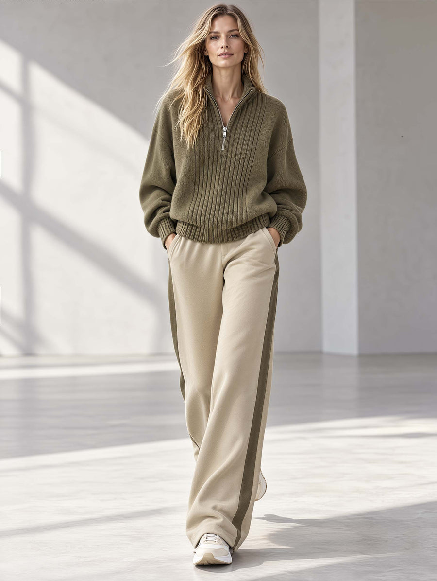 Stylish Khaki-green Loose-fit Long-sleeve Sweater And Trousers Set With A Half-zip Collar