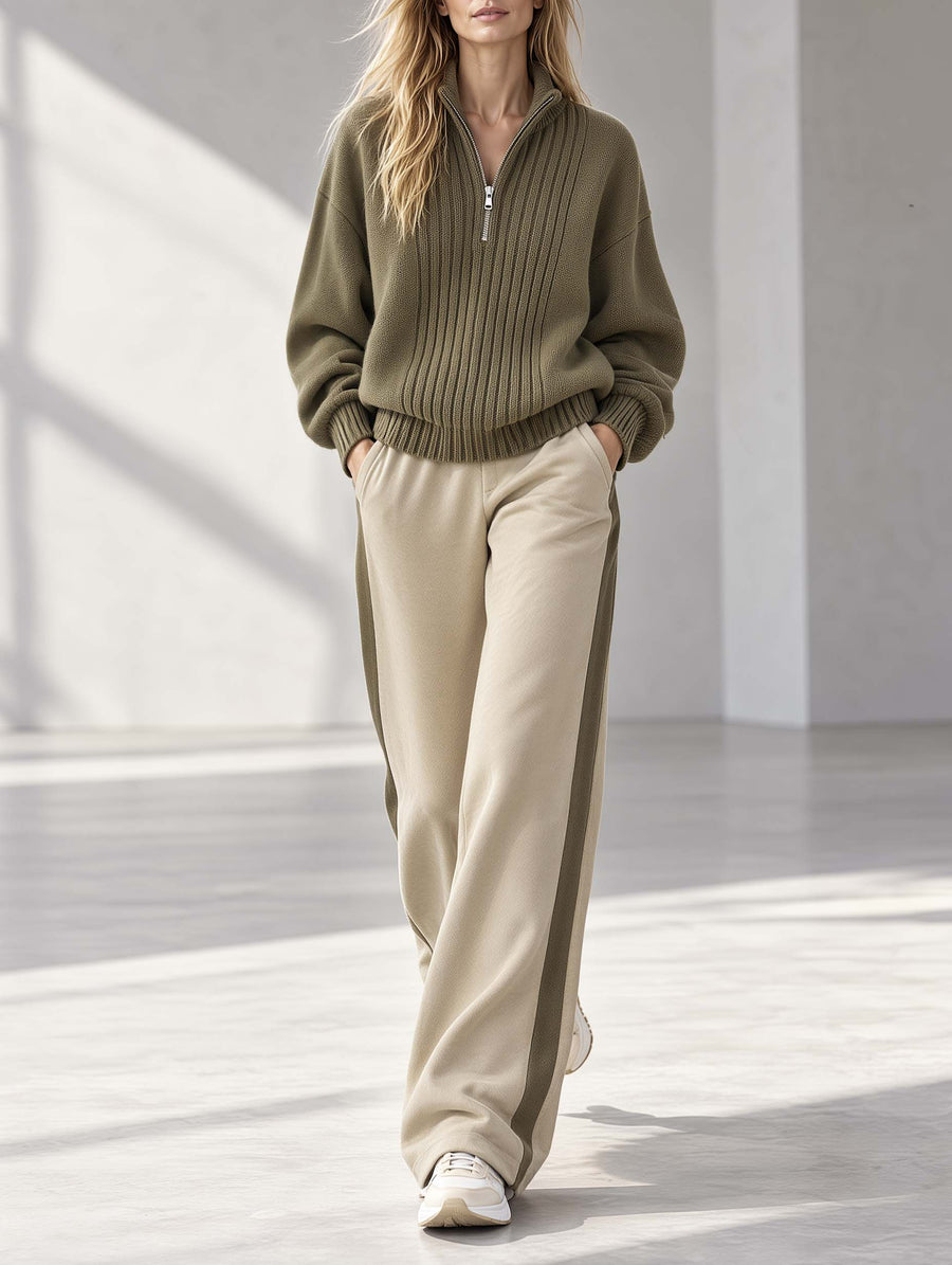 Stylish Khaki-green Loose-fit Long-sleeve Sweater And Trousers Set With A Half-zip Collar