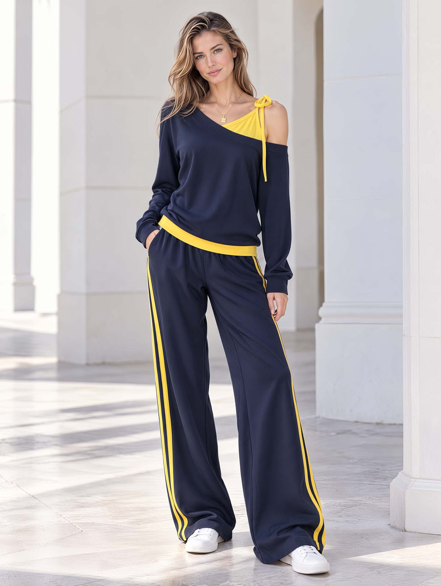Stylish Navy And Yellow Color-block Off-shoulder Long-sleeve Top And Trousers Set