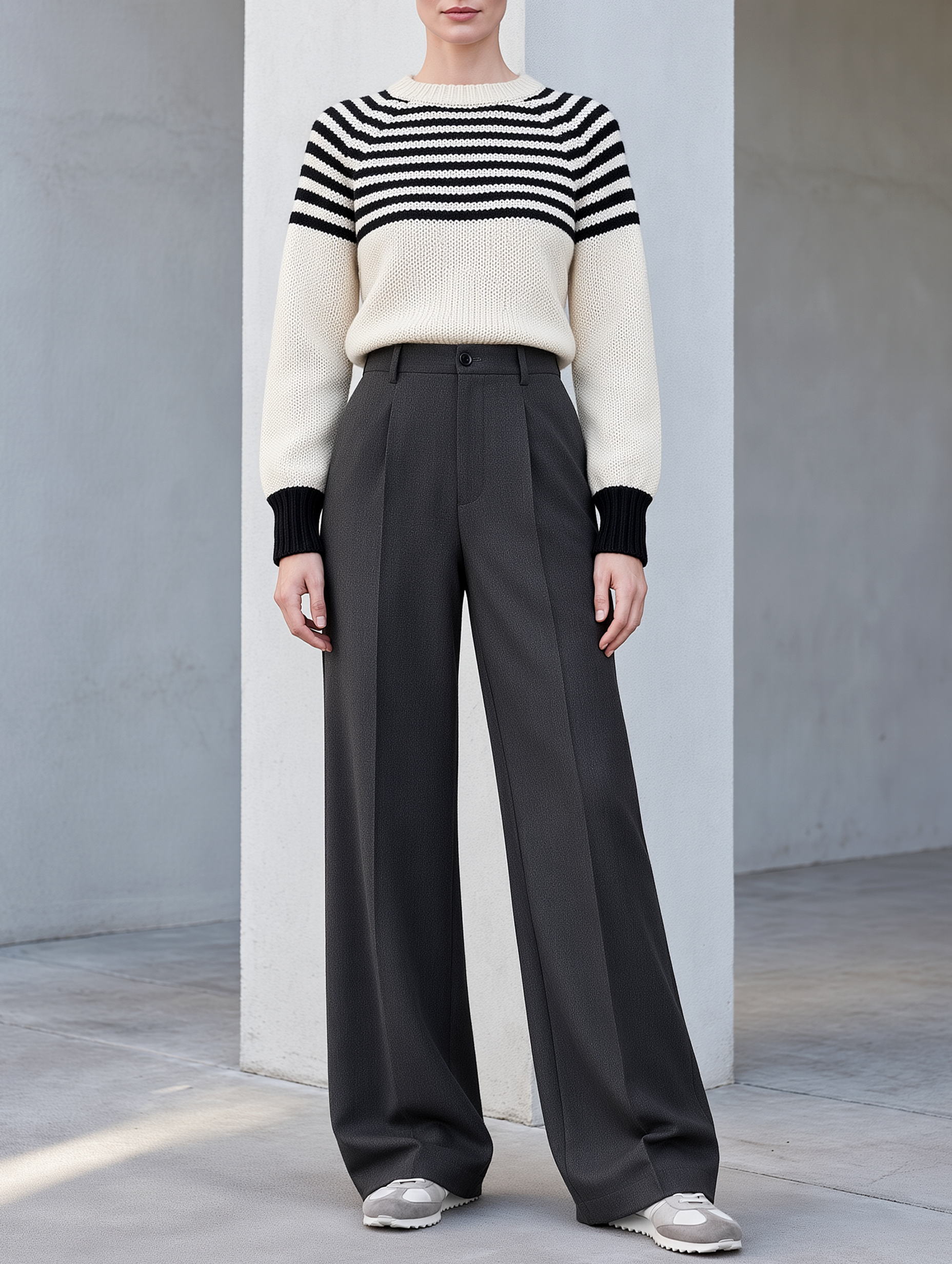 Black And White Horizontal-stripe Knit Sweater And Trousers Set