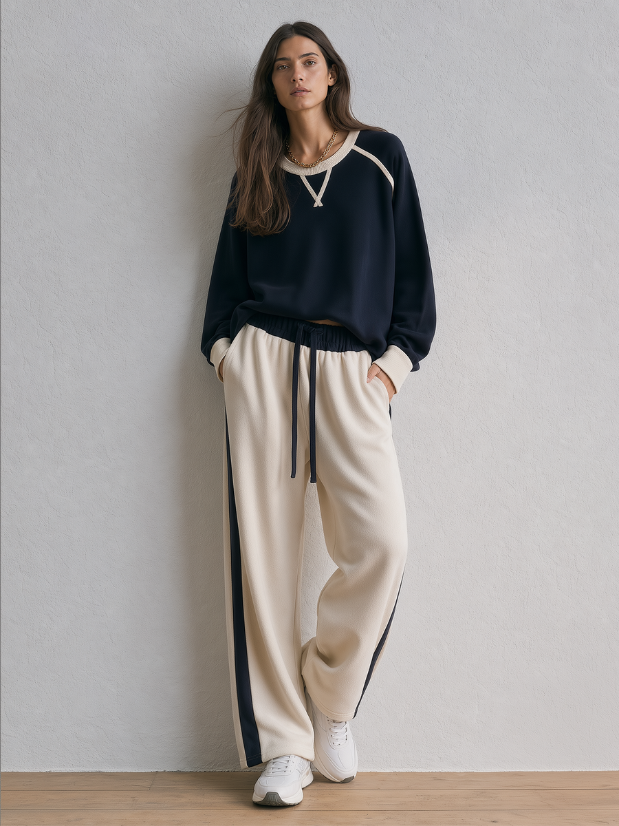 Navy Crewneck Sweatshirt And Contrasting-Color Stretch Fleece Pants Set
