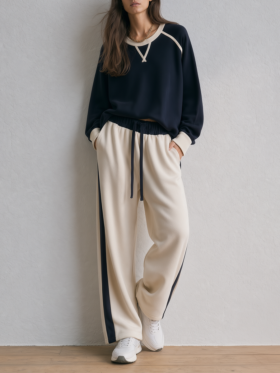Navy Crewneck Sweatshirt And Contrasting-Color Stretch Fleece Pants Set