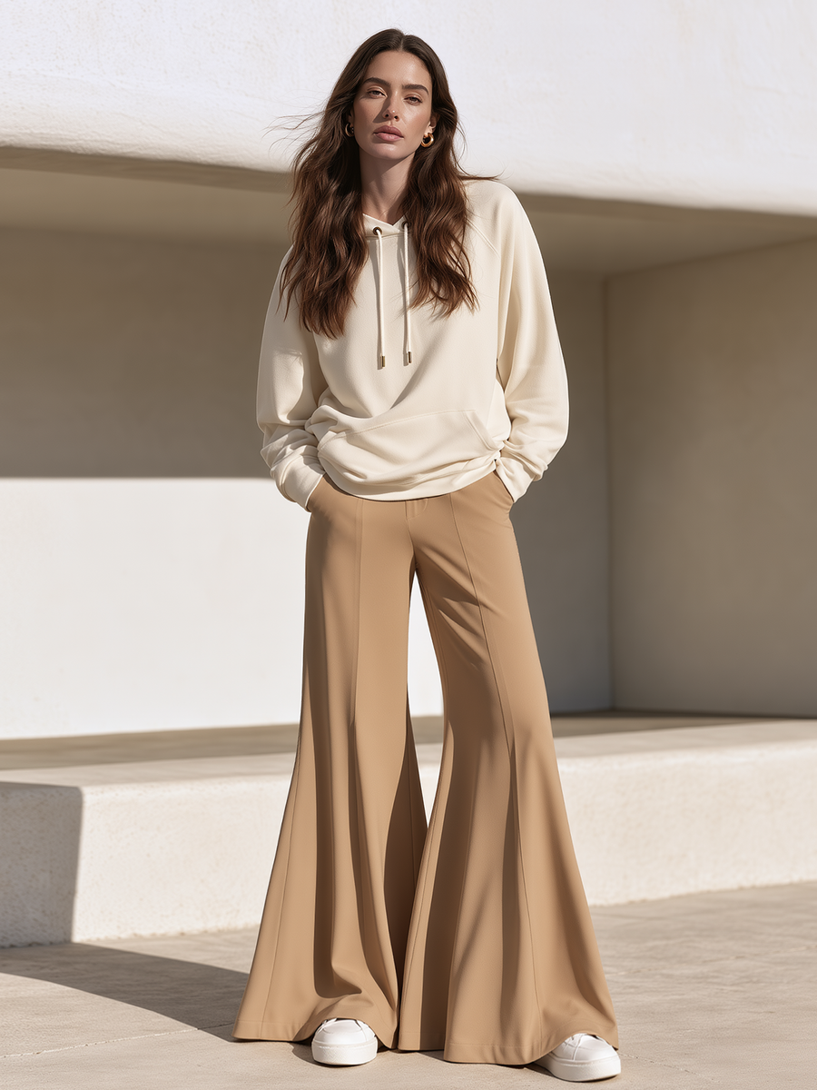 Off-white Drawstring-pocket Hoodie And Khaki Flared Trousers Set