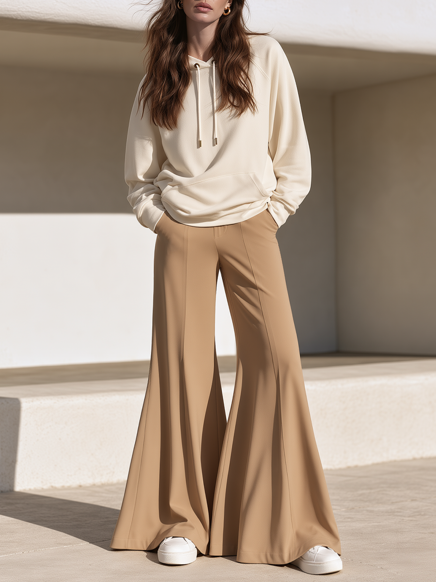 Off-white Drawstring-pocket Hoodie And Khaki Flared Trousers Set