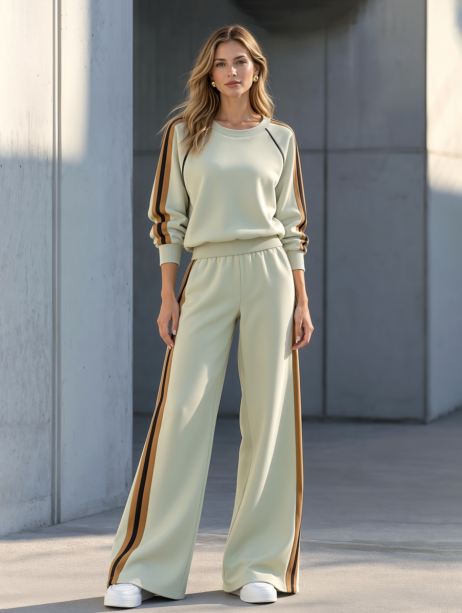 Light Green Color-Block Sweatshirt And Flared Sweatpants Set