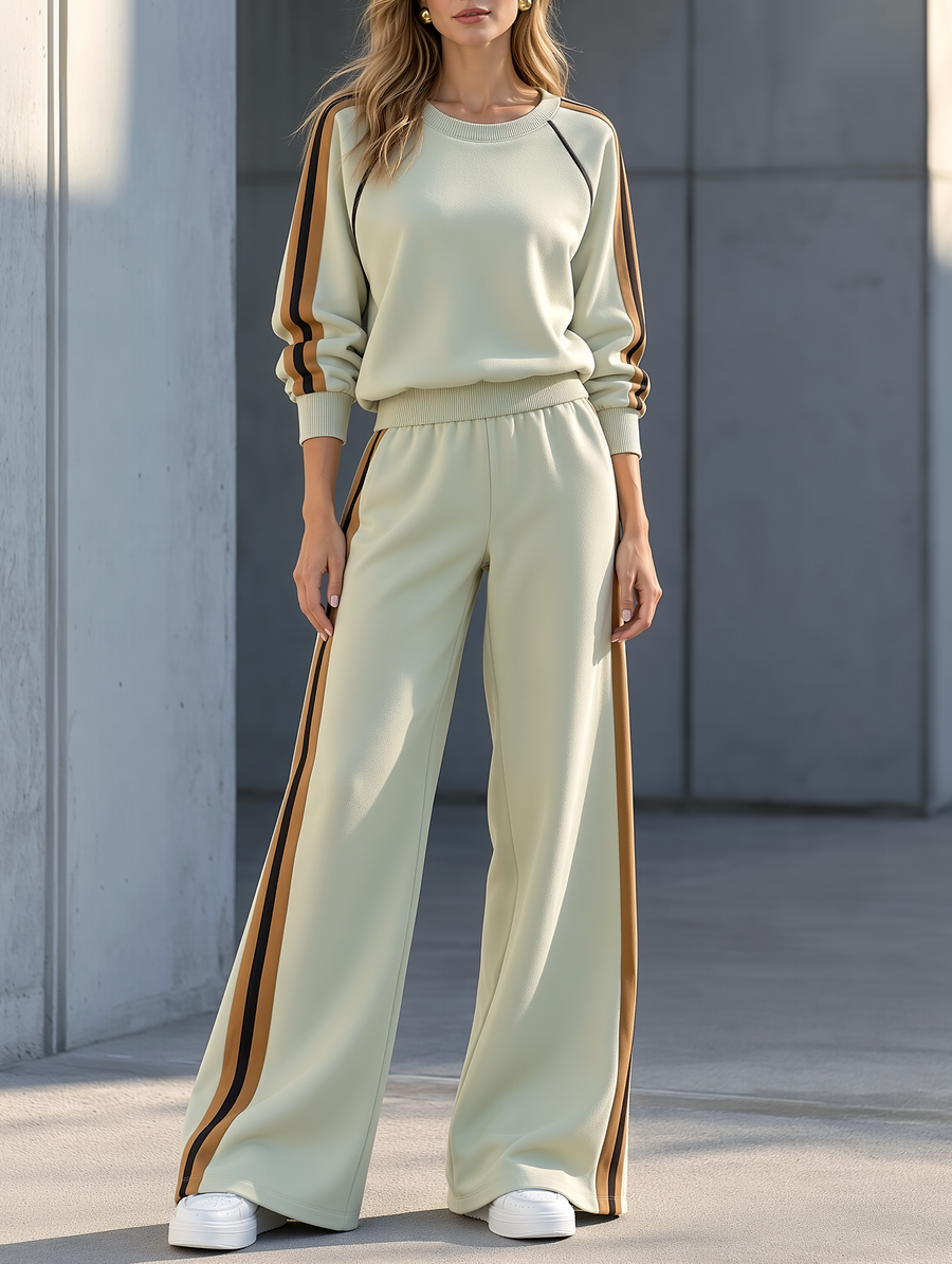 Light Green Color-Block Sweatshirt And Flared Sweatpants Set