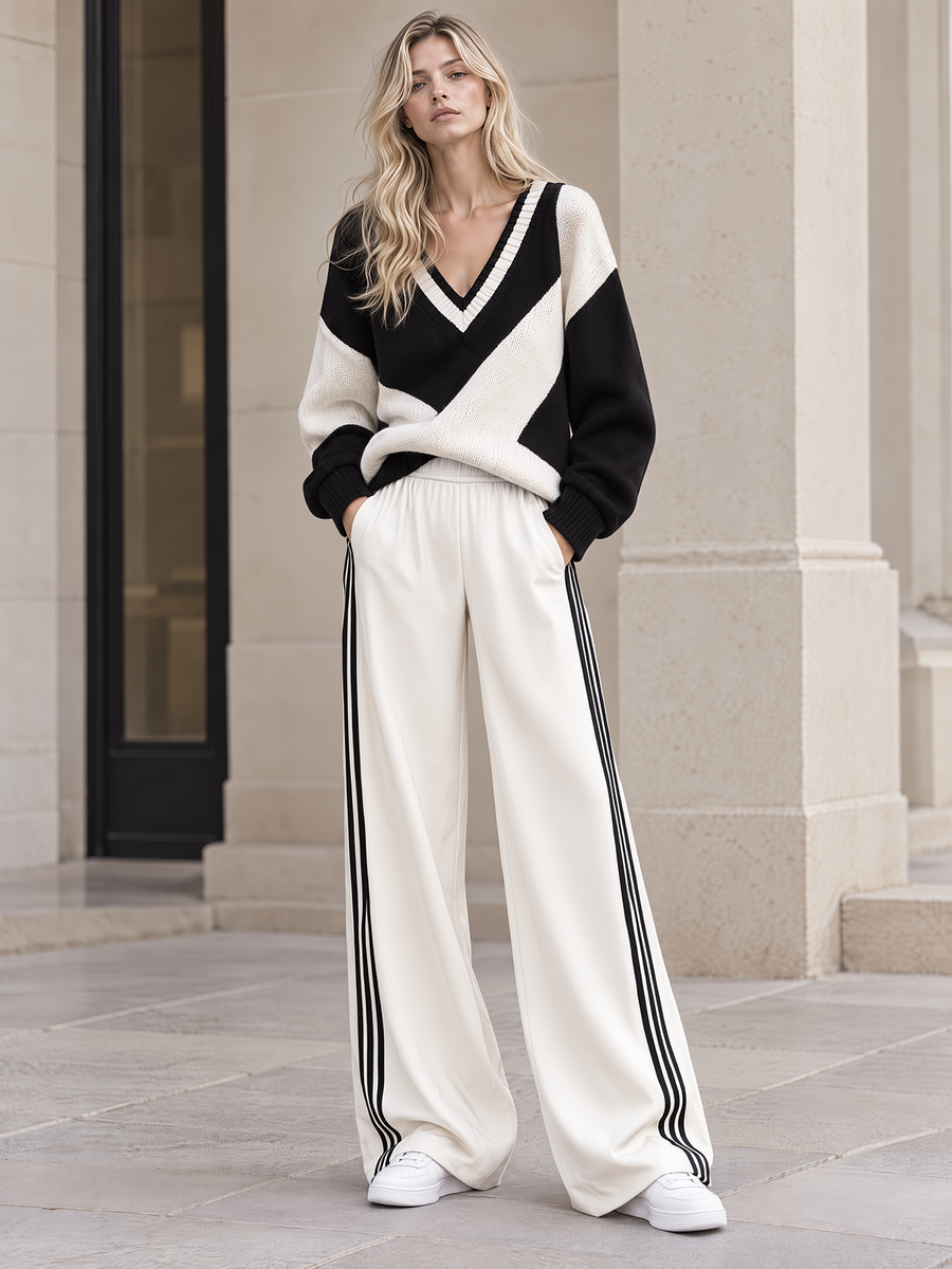 Color-block V-neck Knit Sweater And Side-stripe Wide-leg Pants Set