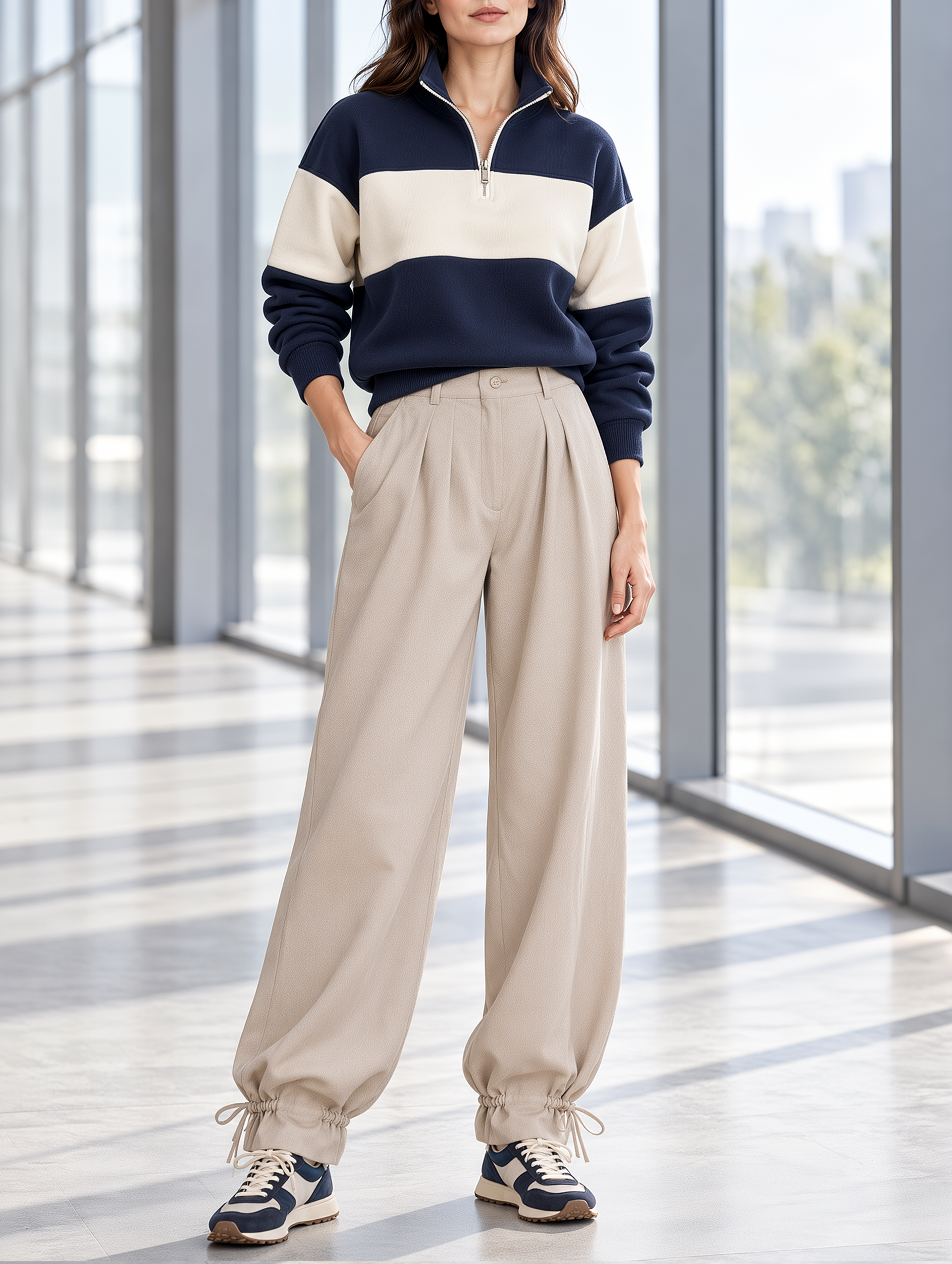 Navy Color-Block Half-Zip Sweatshirt And Wide-Leg Jogger Set
