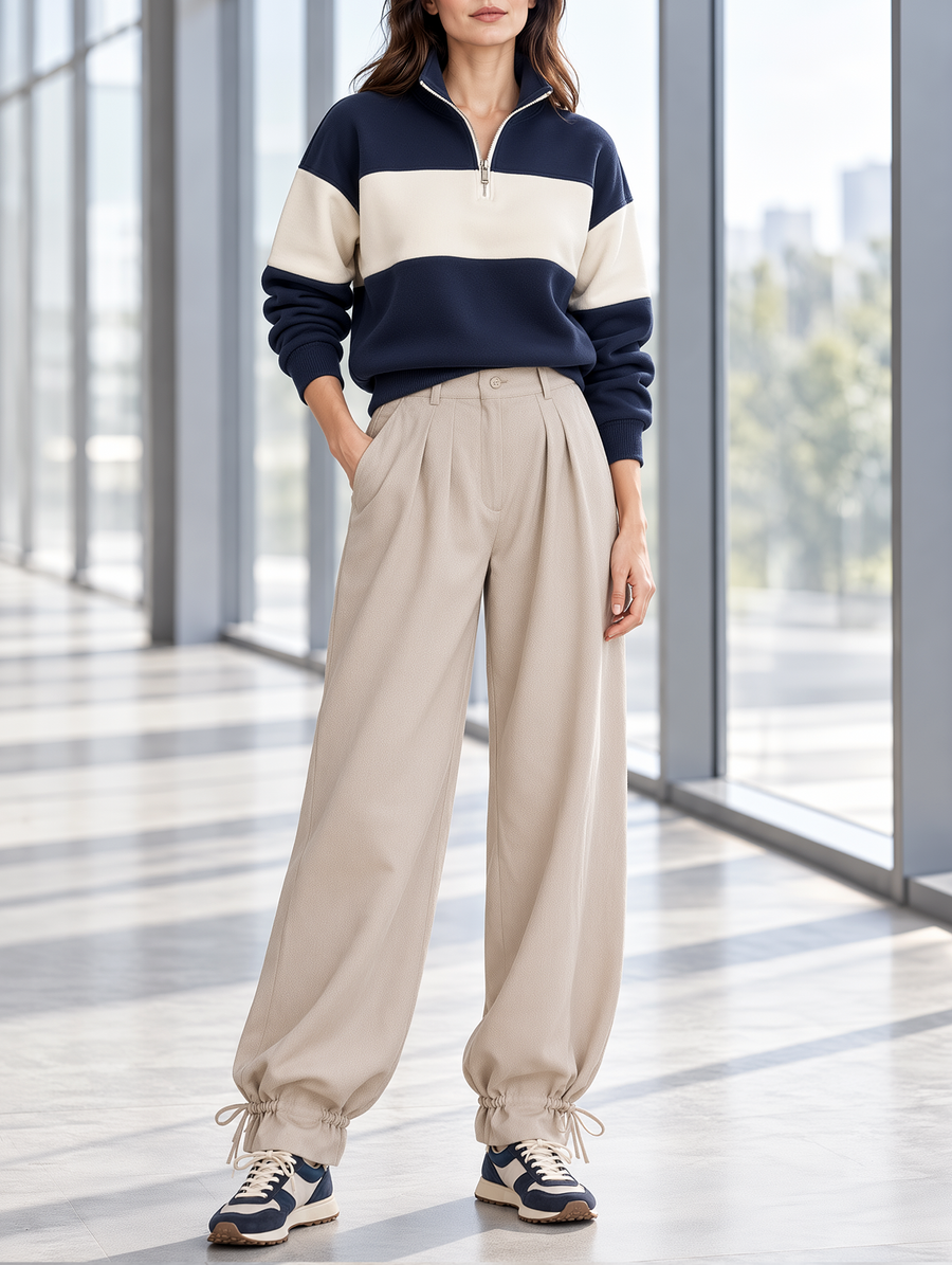 Navy Color-Block Half-Zip Sweatshirt And Wide-Leg Jogger Set