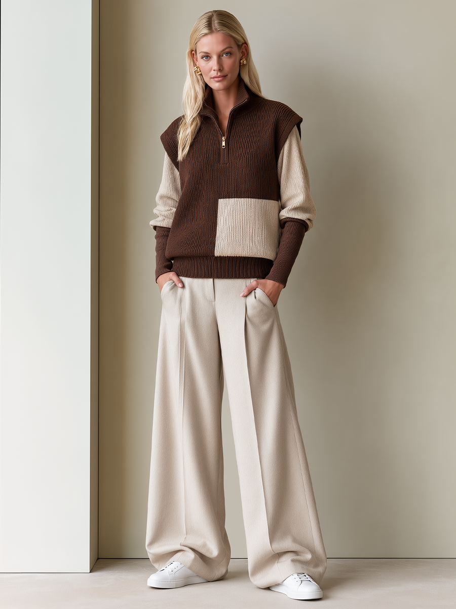 Brown Beige Color-block Half-zip Sweater And Trousers Set