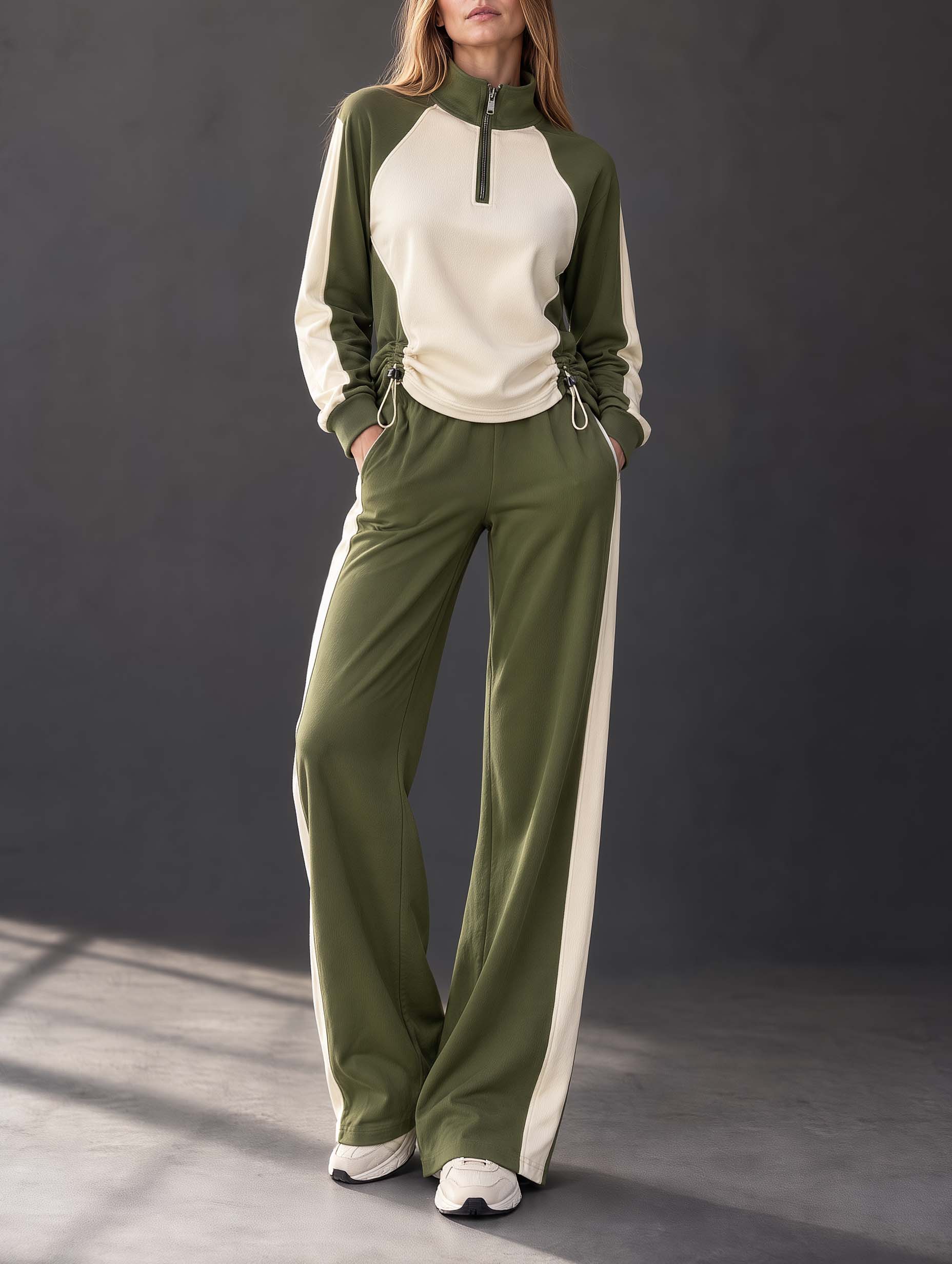 Olive Green Color-block Long-sleeve Half-zip Top And Trousers Set