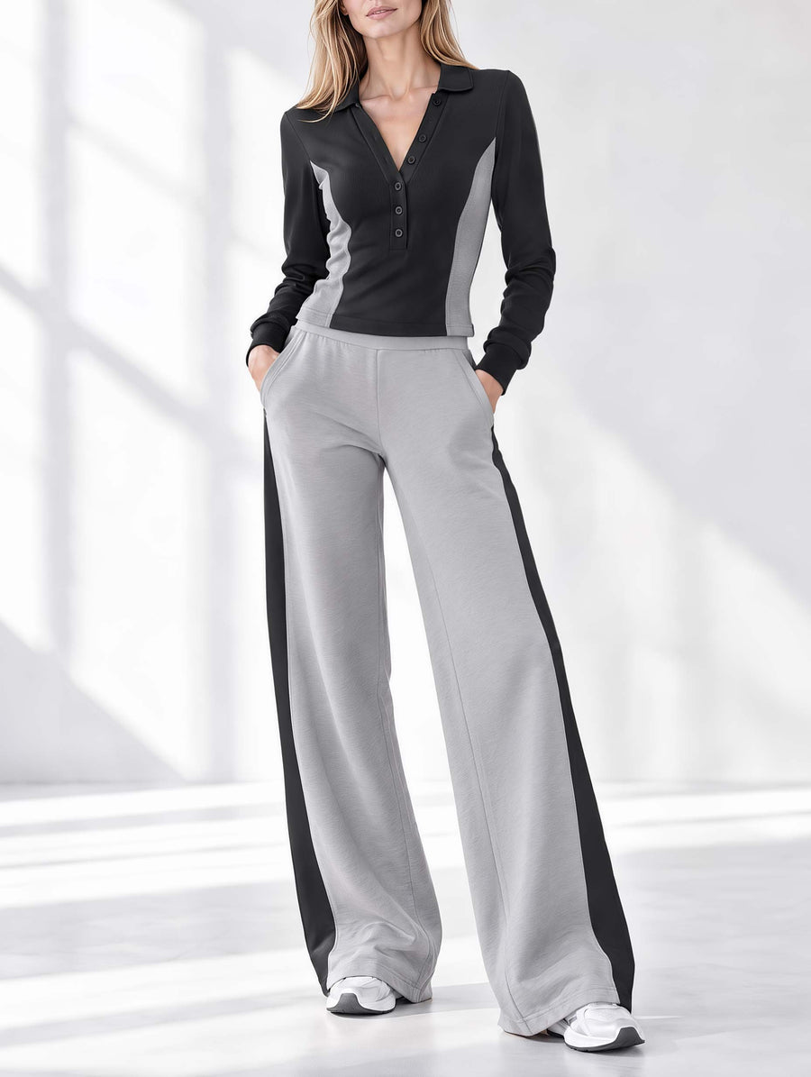 Stylish Casual Black And Grey Color-Block Long-Sleeve Top And Wide-Leg Pants Set