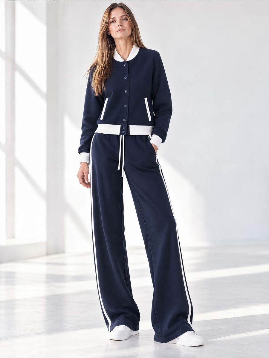 Navy And White Color-block Casual Jacket And Wide-leg Trousers Set