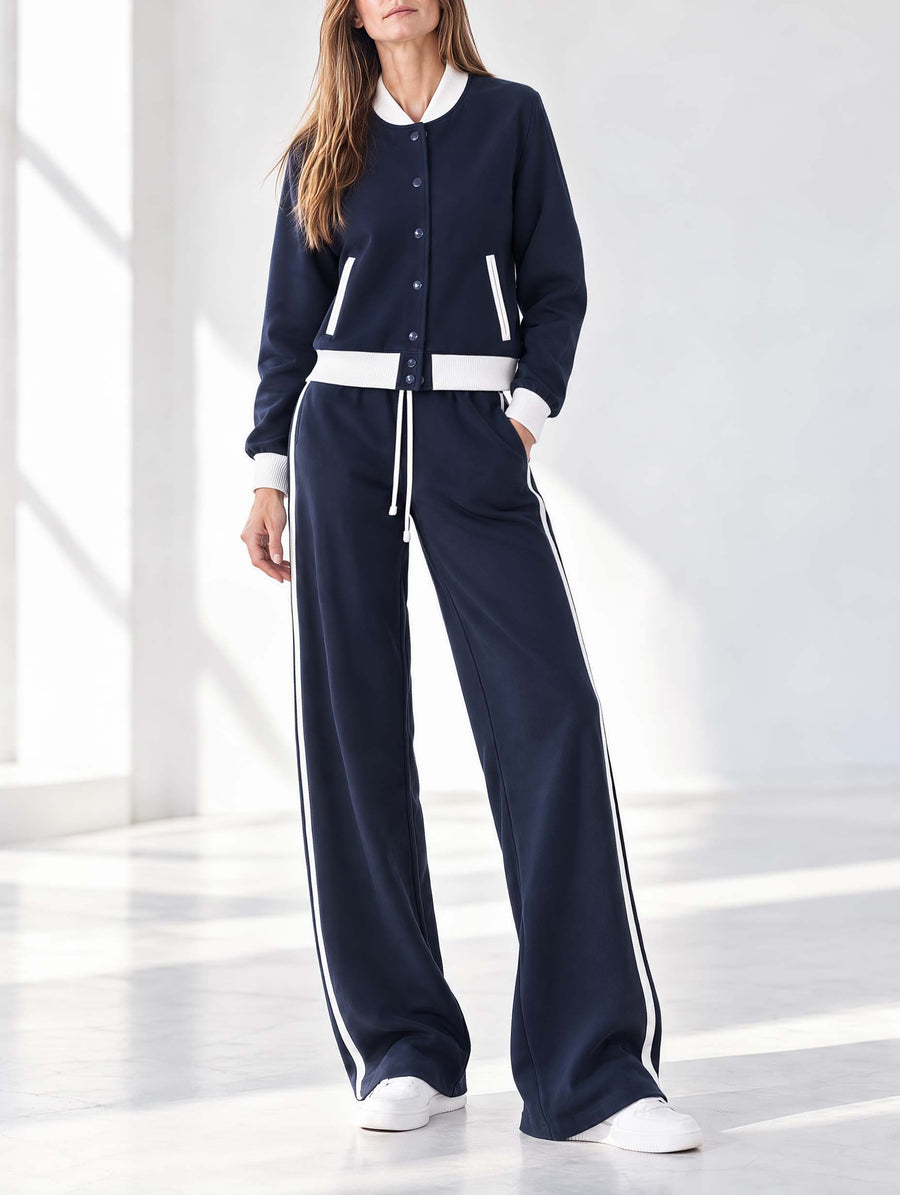 Navy And White Color-block Casual Jacket And Wide-leg Trousers Set