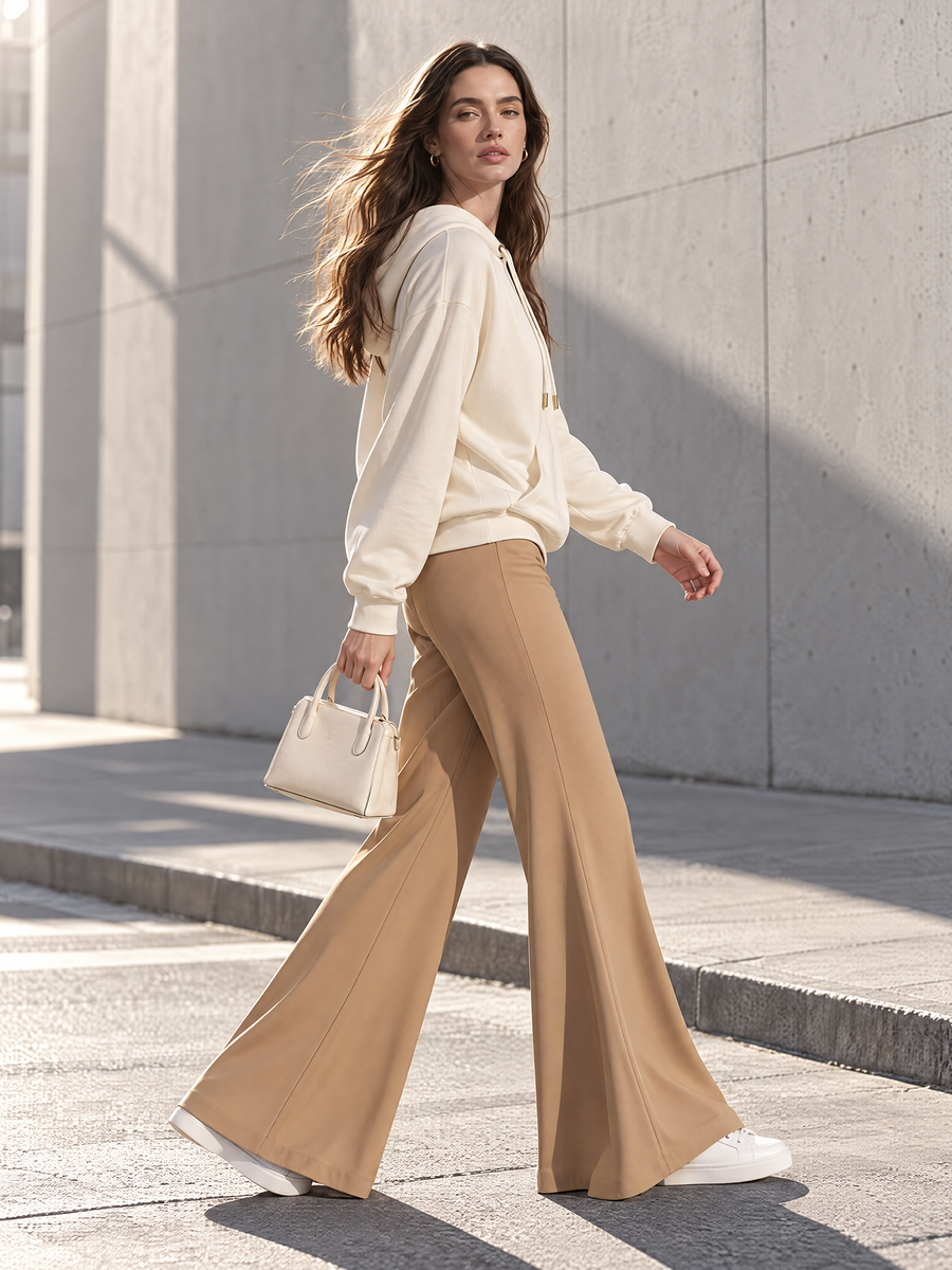 Off-white Drawstring-pocket Hoodie And Khaki Flared Trousers Set