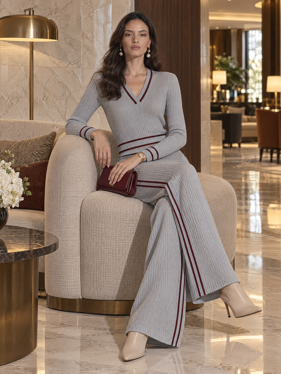 Grey Ribbed Knit V-neck Top With Burgundy Trim And Wide-leg Trousers Set