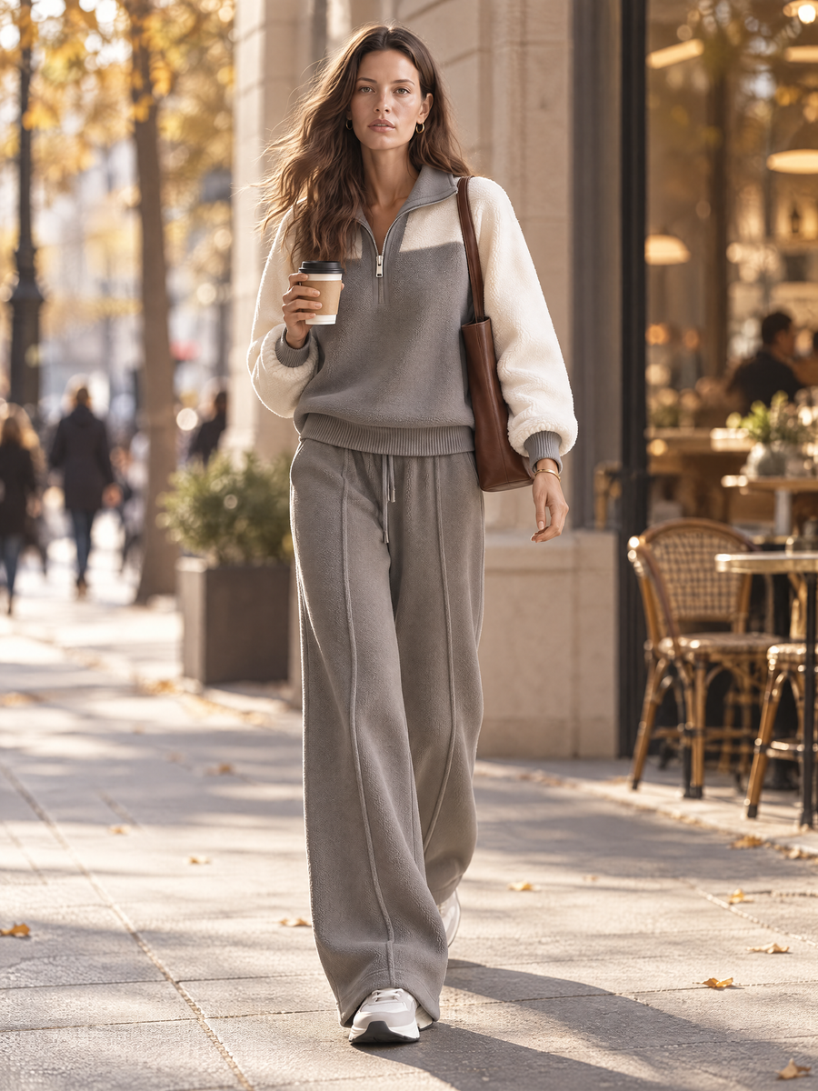 Grey Color-block Half-zip Fleece Top And Wide-leg Trousers Set