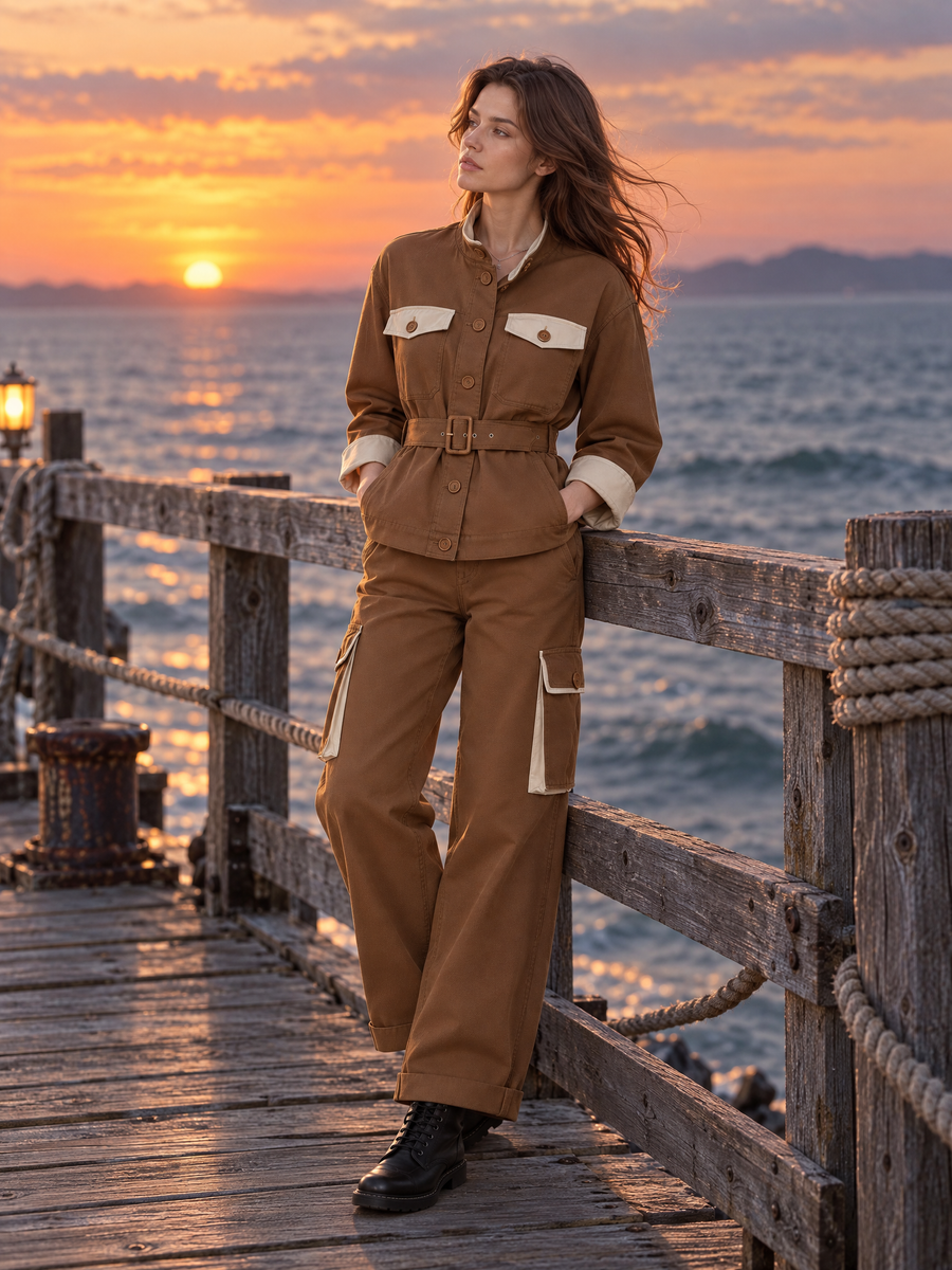 Brown Stand-collar Waist-cinching Utility Jacket And Trousers Set