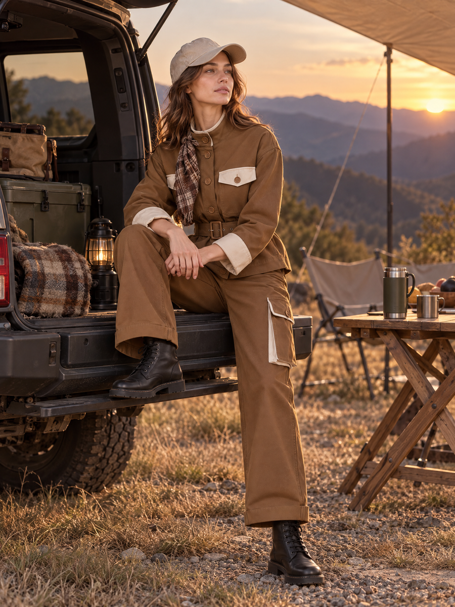 Brown Stand-collar Waist-cinching Utility Jacket And Trousers Set