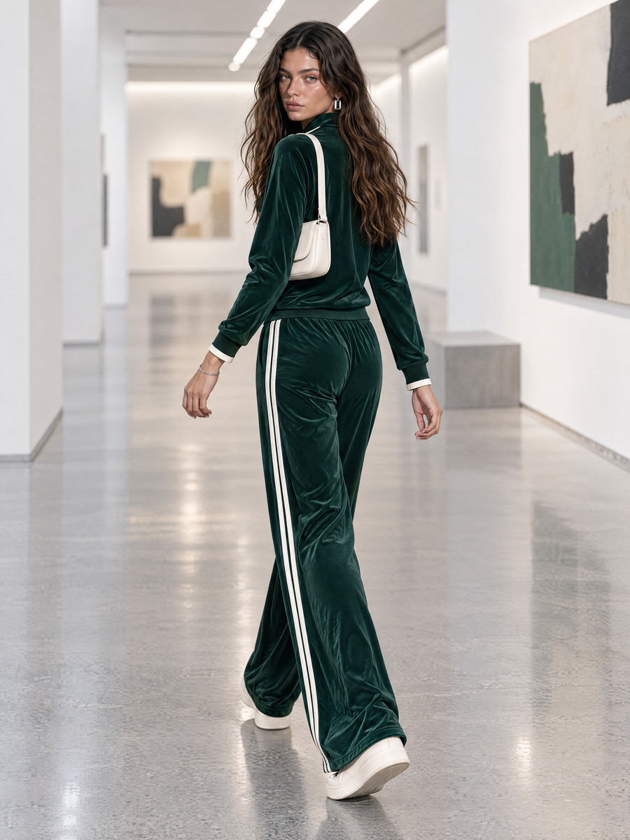 Dark Green Velvet Half-zip Top And Side-stripe Wide-leg Trousers Set