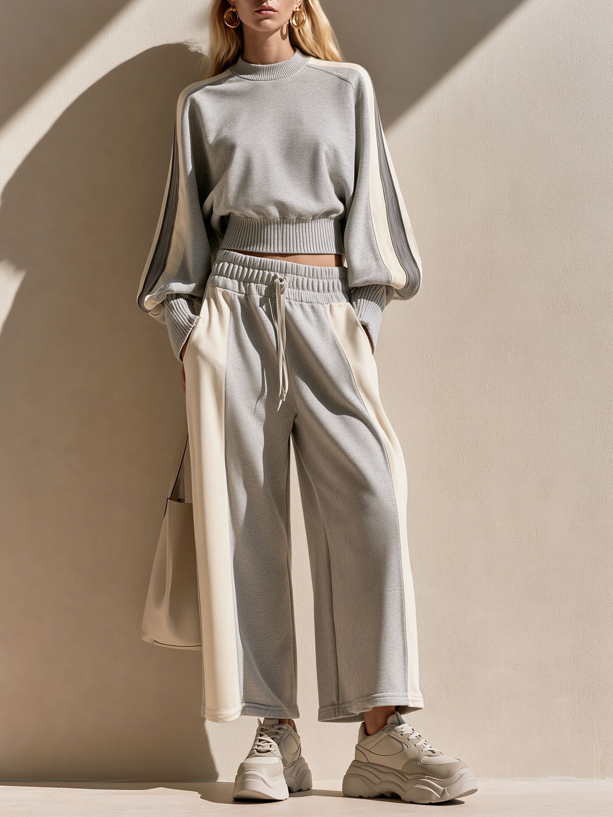 Grey And Cream Color-block Sweatshirt And Wide-leg Sweatpants Set