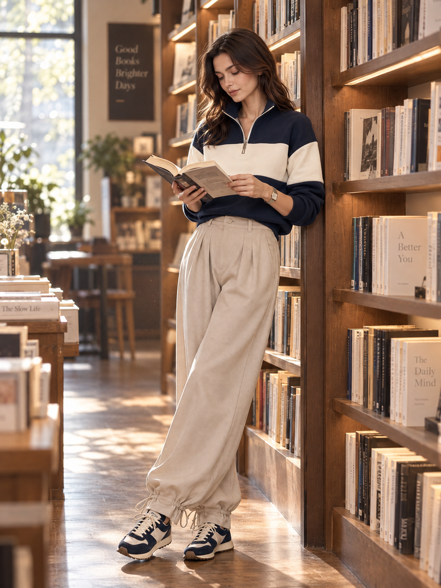 Navy Color-Block Half-Zip Sweatshirt And Wide-Leg Jogger Set