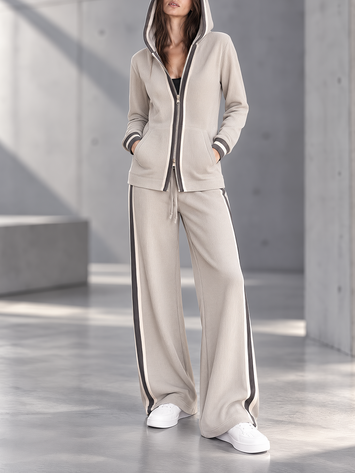 Taupe Ribbed Knit Zip Hoodie And Track Pants Set