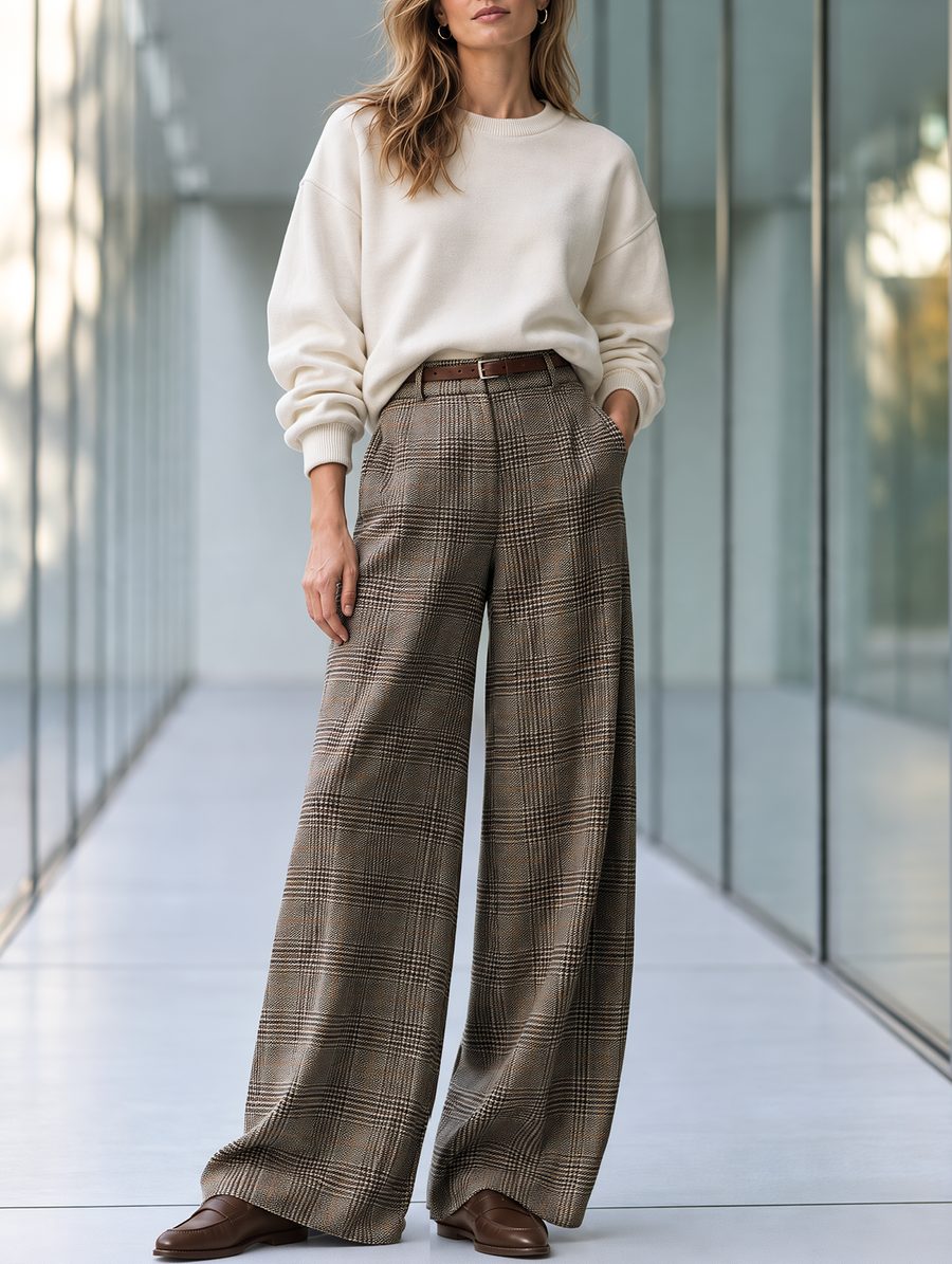 Off-white Loose Solid-color Sweatshirt And Plaid Wide-leg Pants Set