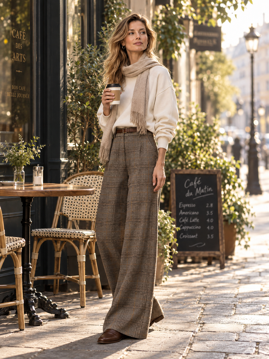 Off-white Loose Solid-color Sweatshirt And Plaid Wide-leg Pants Set