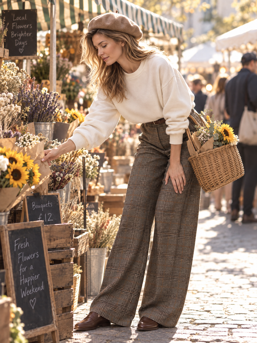 Off-white Loose Solid-color Sweatshirt And Plaid Wide-leg Pants Set