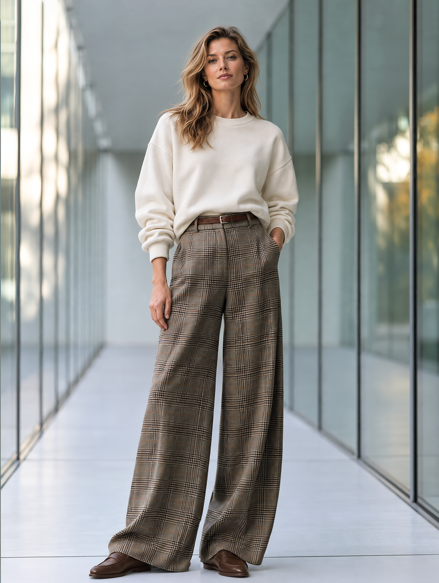 Off-white Loose Solid-color Sweatshirt And Plaid Wide-leg Pants Set