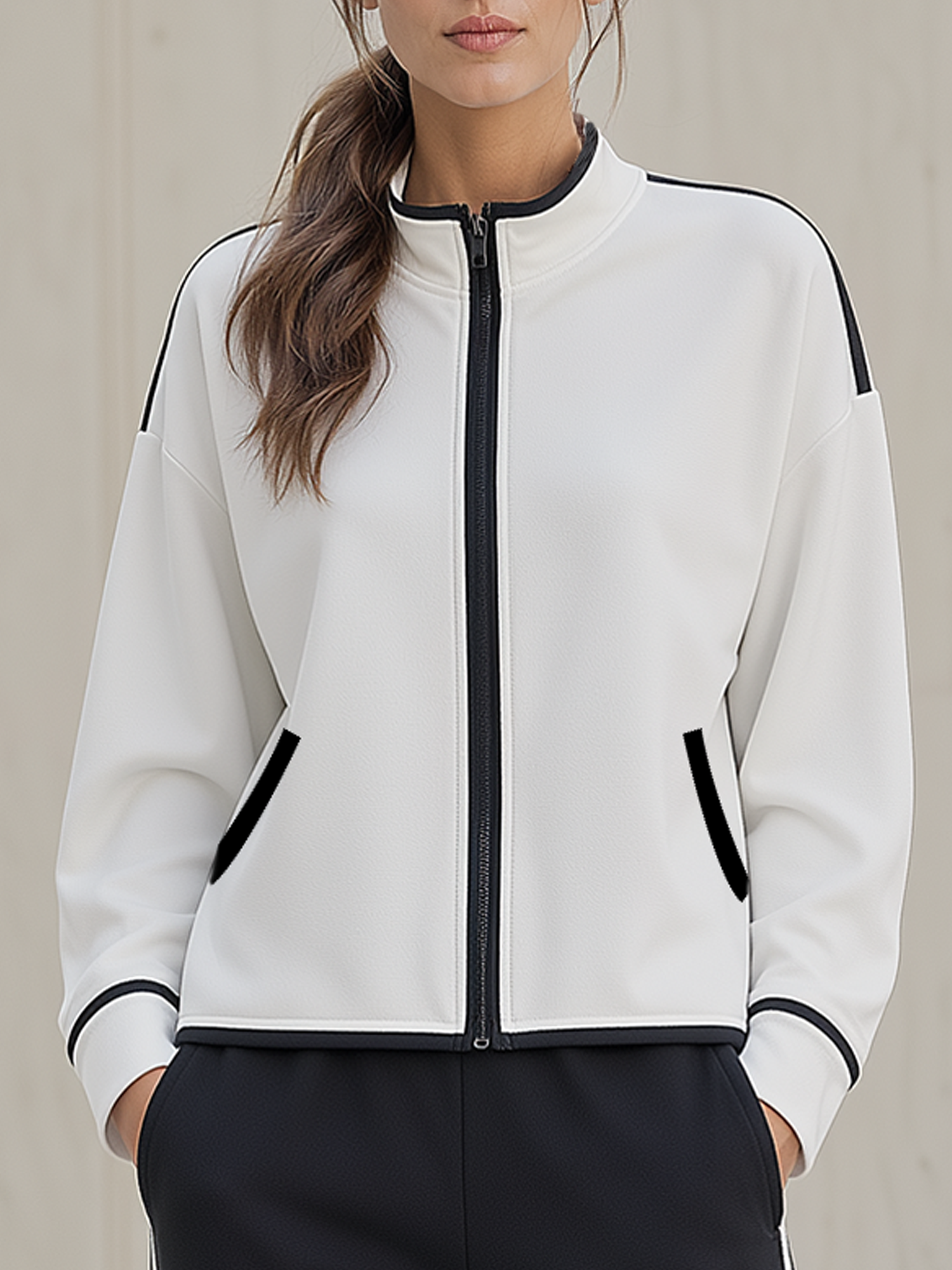 Black And White Color-Block Stand-Collar Zip Jacket With Pockets