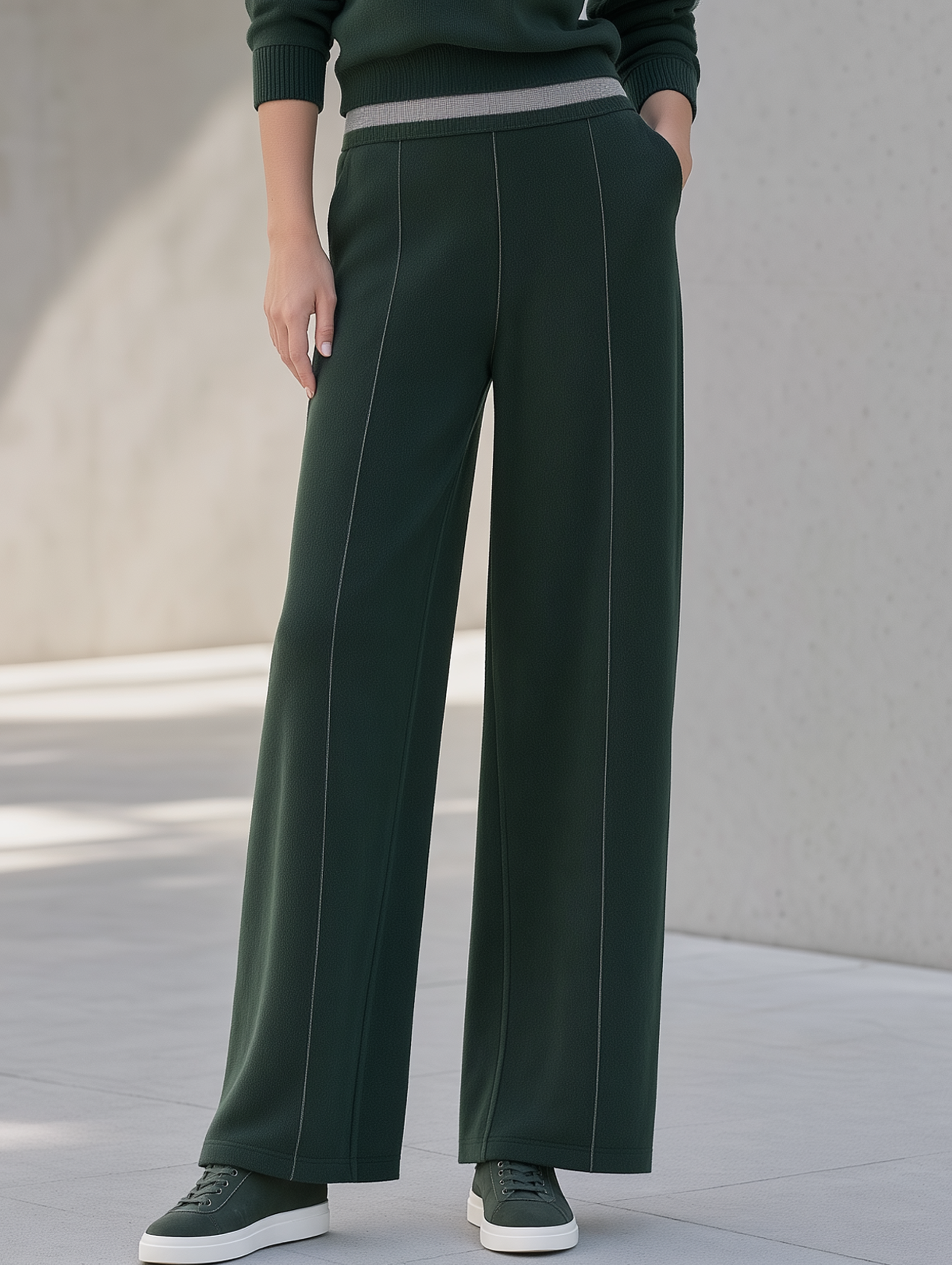 Dark Green Color-Block Wide-Leg Casual Trousers