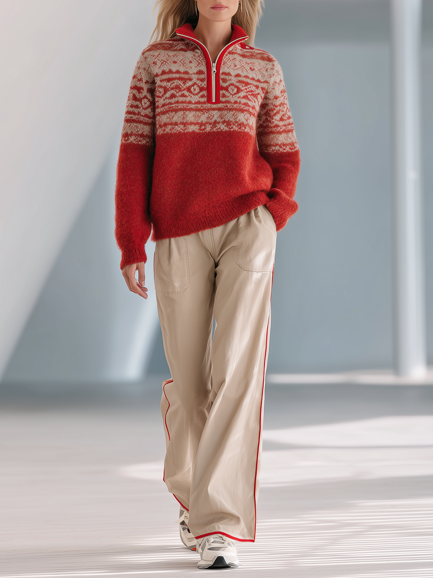 Red Fair Isle Half-zip Sweater And Khaki Wide-leg Trousers Set
