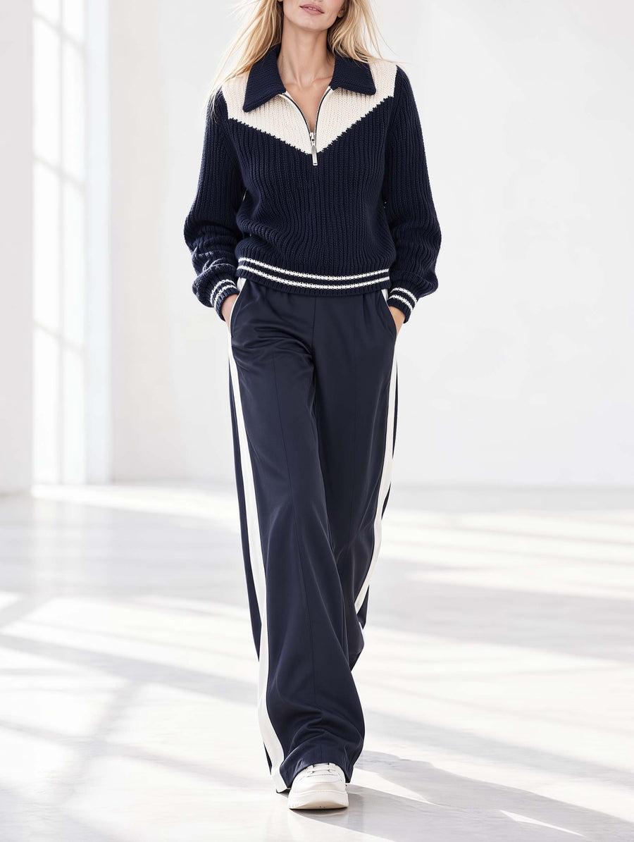 Stylish And Casual Navy And White Color-block Long-sleeve Sweater And Trousers Set With A Collar