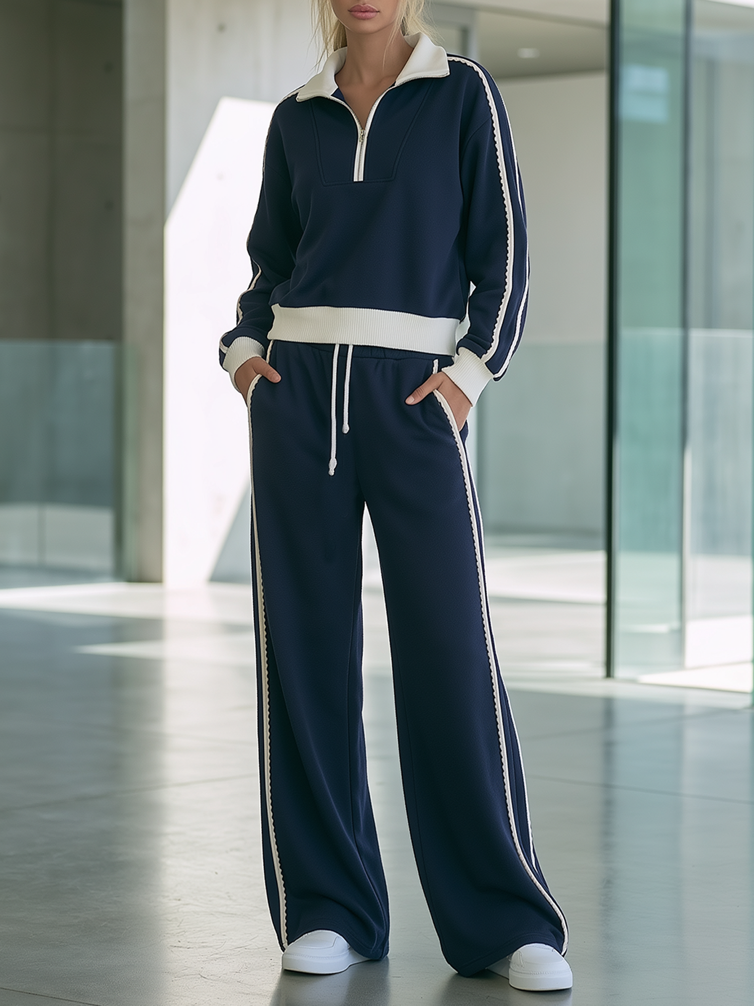 Navy Blue Color-block Half-zip Top And Side-stripe Wide-leg Pants Set