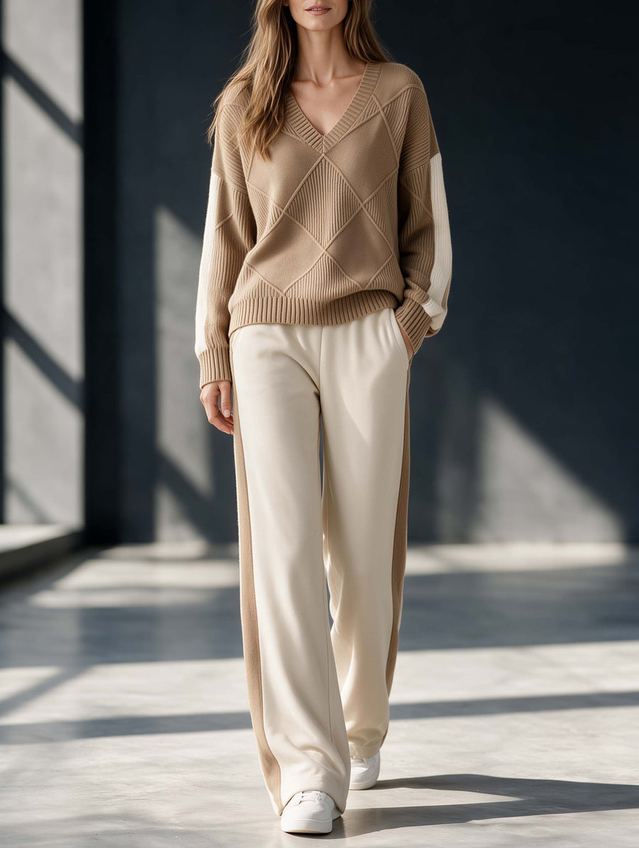 Stylish And Soft-style Khaki Color-block V-neck Long-sleeve Sweater And Trousers Set