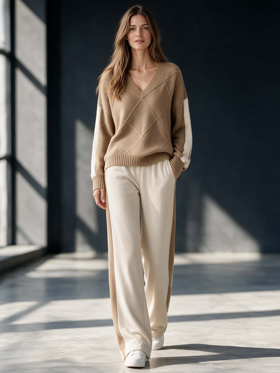 Stylish And Soft-style Khaki Color-block V-neck Long-sleeve Sweater And Trousers Set
