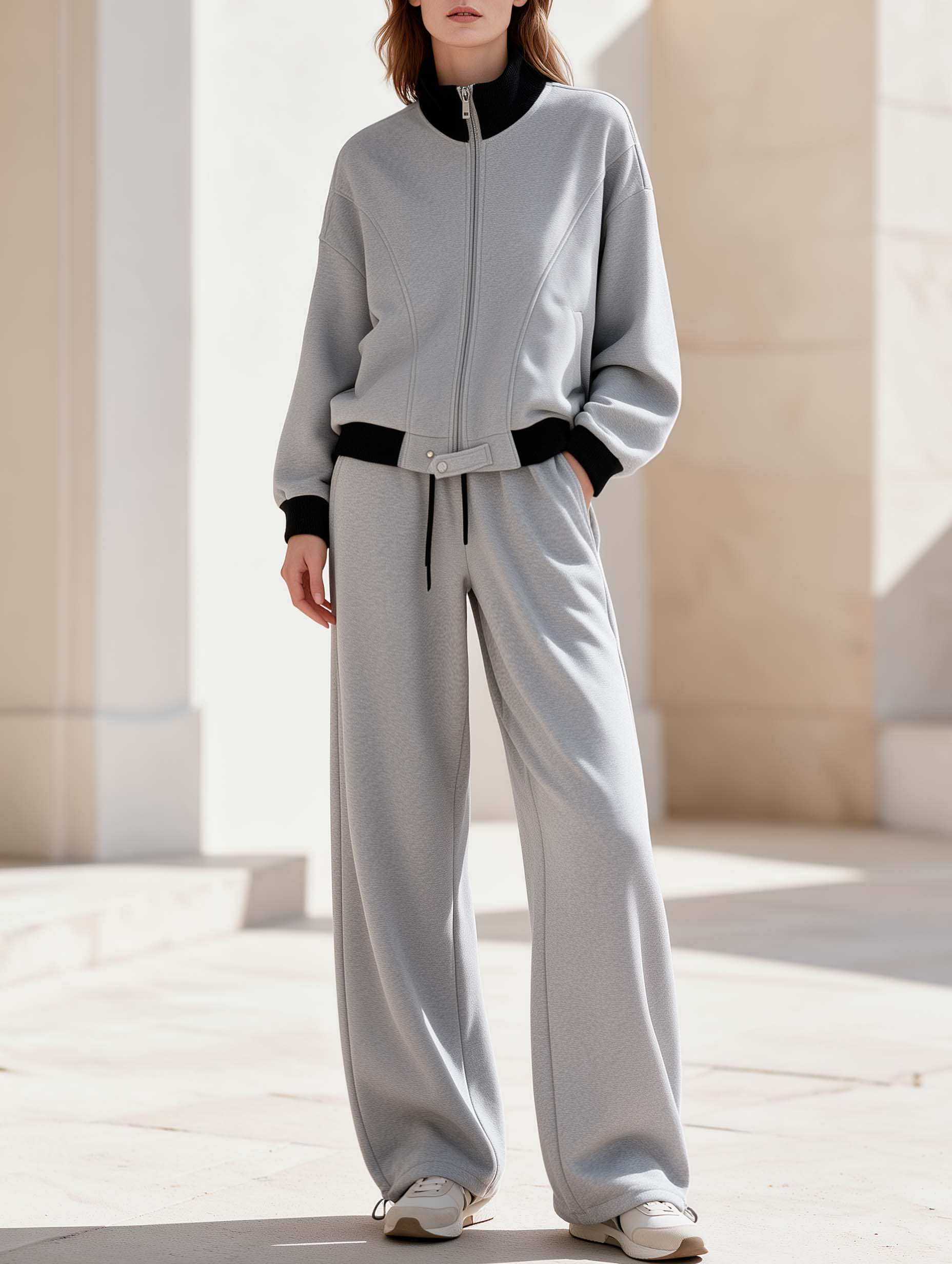 Grey Color-block Athleisure Set Featuring A Long-sleeve Jacket And Trousers
